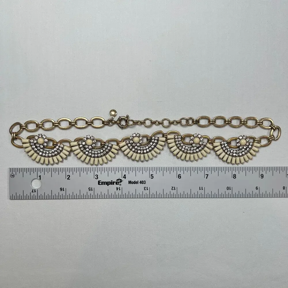 J. Crew‎ Fan Flower Statement Bib Necklace White Ivory Rhinestones Goldtone
